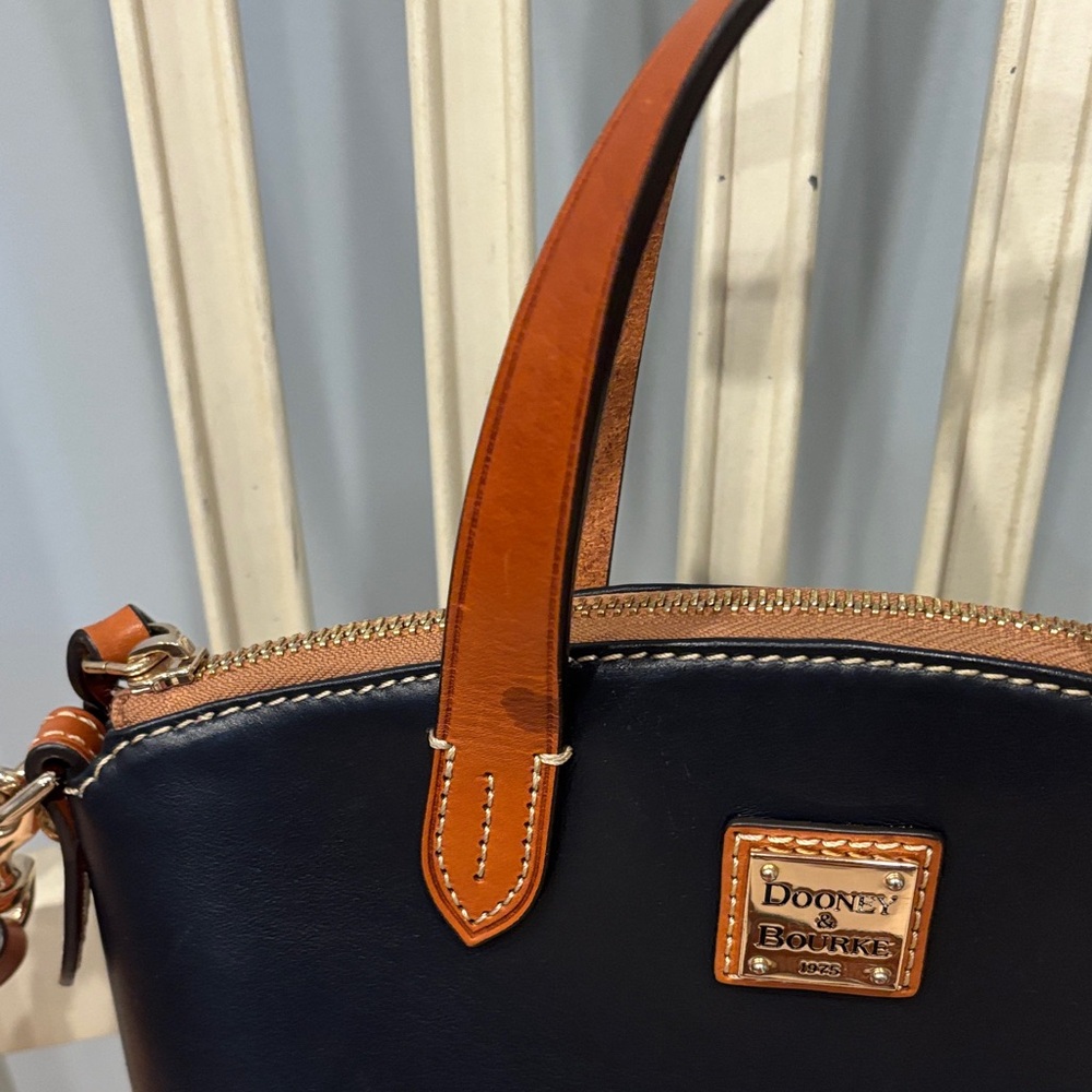 Dooney & Bourke Navy Blue Leather Ruby Dome Satchel with Tan Trim - Picture 3 of 10